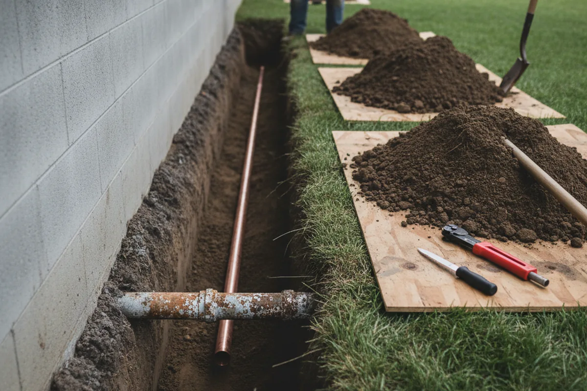 Excavated water line trench during Sewer Line Repair in South Glastonbury